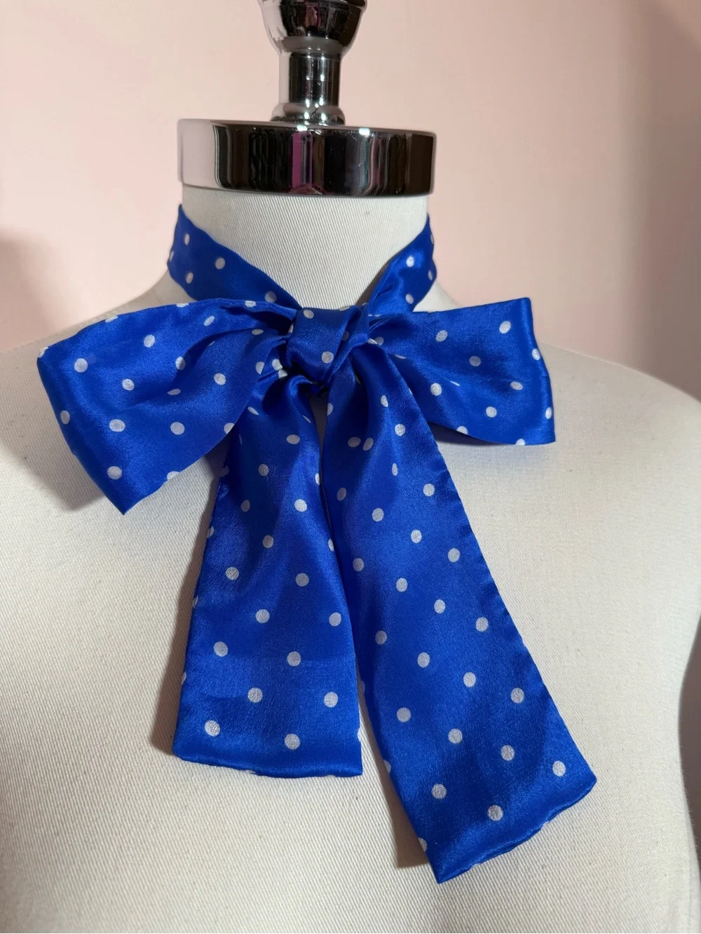 Vintage specialty House Royal blue white polka dot Silk bow neck scarf Twilly